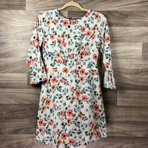 Loft Dress Womens‎ 0P Blue Mini Floral Round Neck 3/4 Sleeve Flare Zip Petites
